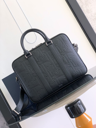 D*0r Zipped Briefcase  Black D*0r Gravity Leather and Black Grained Calfskin 37 x 28 x 6 cm
