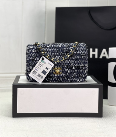 Ch*el MINI CLASSIC 11.12 HANDBAG Tweed & Gold-Tone Metal 4.7 × 7.8 × 2.3 in