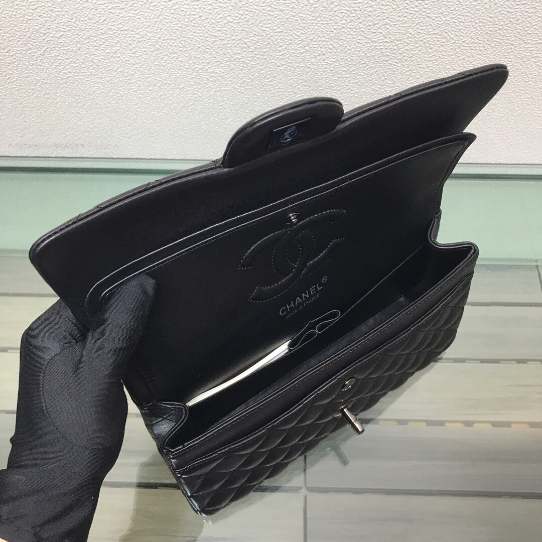 Ch*el crumpled calfskin quited double flap black 15.5x25.5x6.5cm