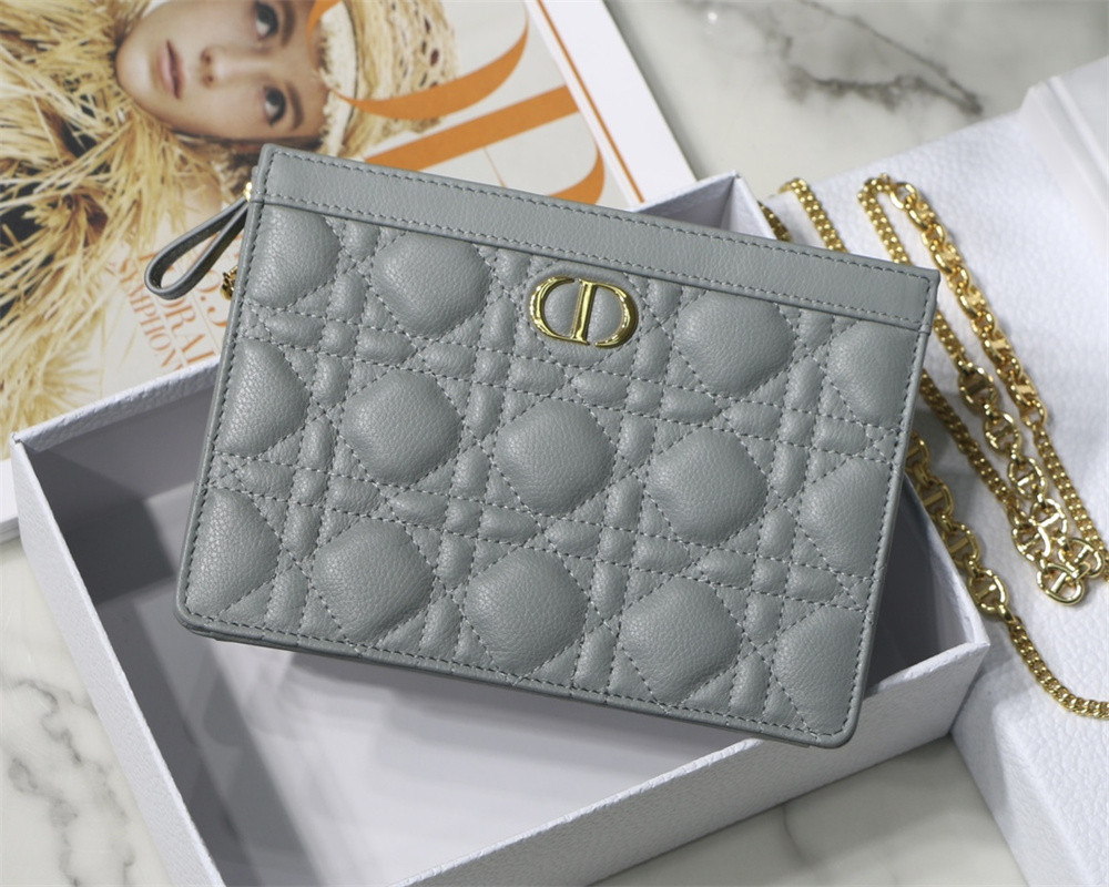D*0r CARO ZIPPED POUCH WITH CHAIN Grey S*pple Cannage Calfskin 19 x 14 x 4.5 cm