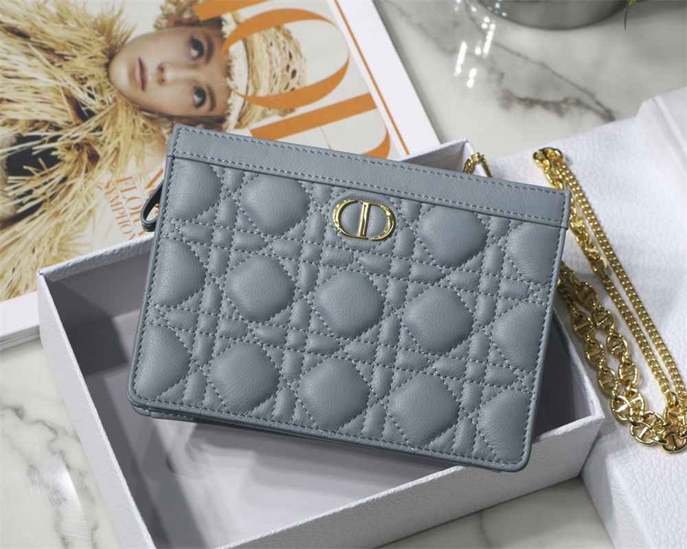 D*0r CARO ZIPPED POUCH WITH CHAIN Blue S*pple Cannage Calfskin 19 x 14 x 4.5 cm