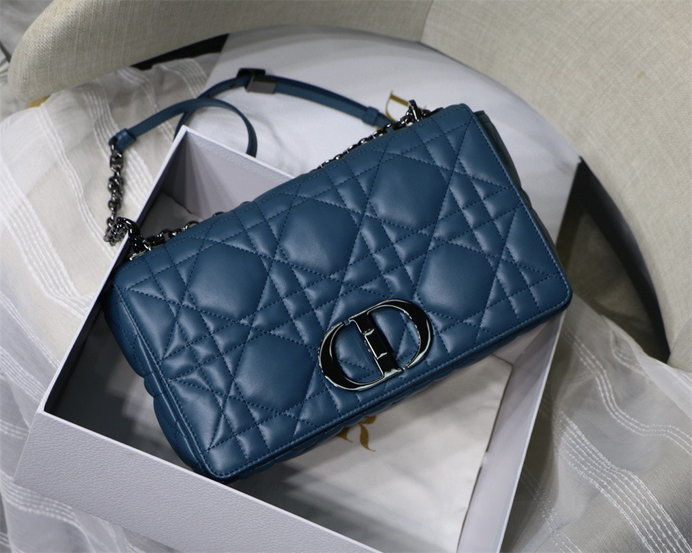 LARGE D*0r CARO BAG Navy S*pple Cannage Calfskin With Silver Hardware 29 x 18 x 10 cm