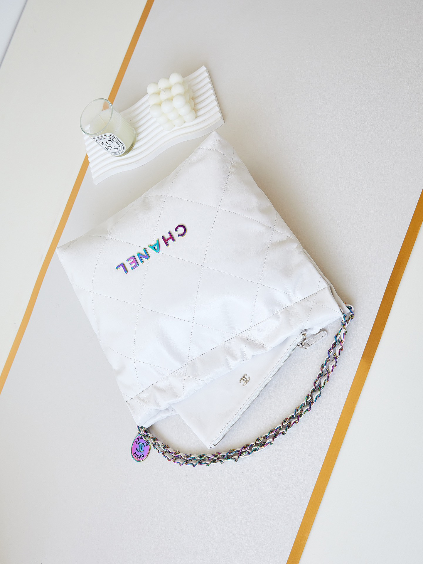 Ch*el 22 small handbag shiny calfskin & rainbow metal white 13.7×14.4×2.7 in