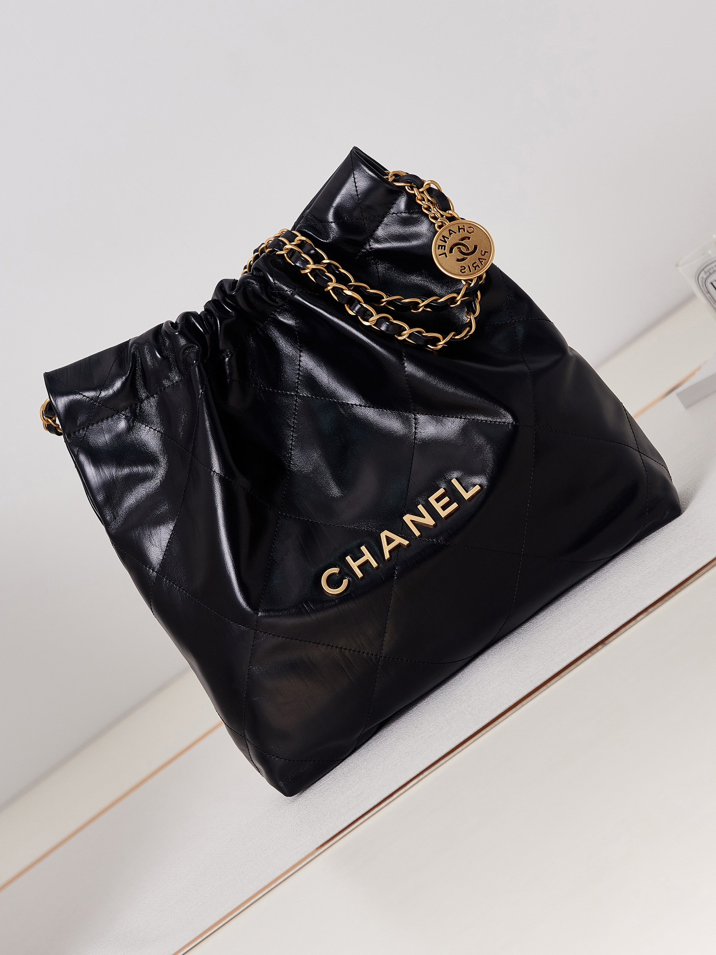 Ch*el 22 small handbag shiny calfskin & gold metal black 13.7×14.4×2.7 in