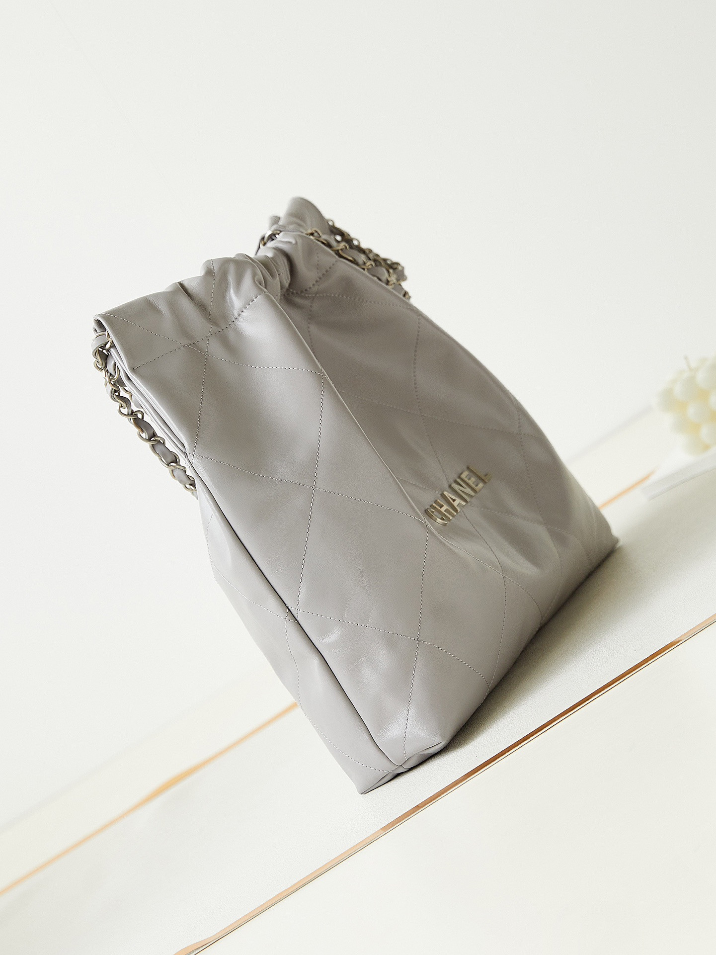 Ch*el 22 small handbag shiny calfskin grey 15.2×16.4×3.1 in