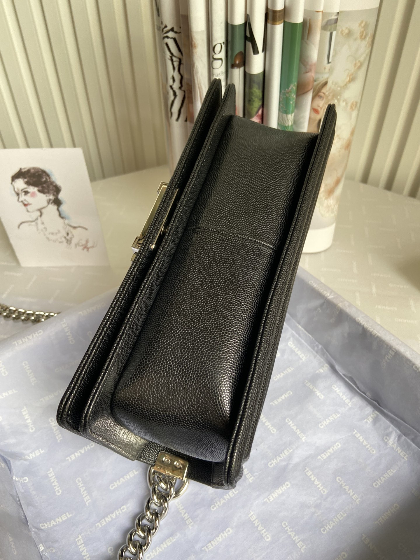 boy Ch*el handbag shiny grained calfskin & silver-tone metal black 5.9 × 9.8 × 3.5 in