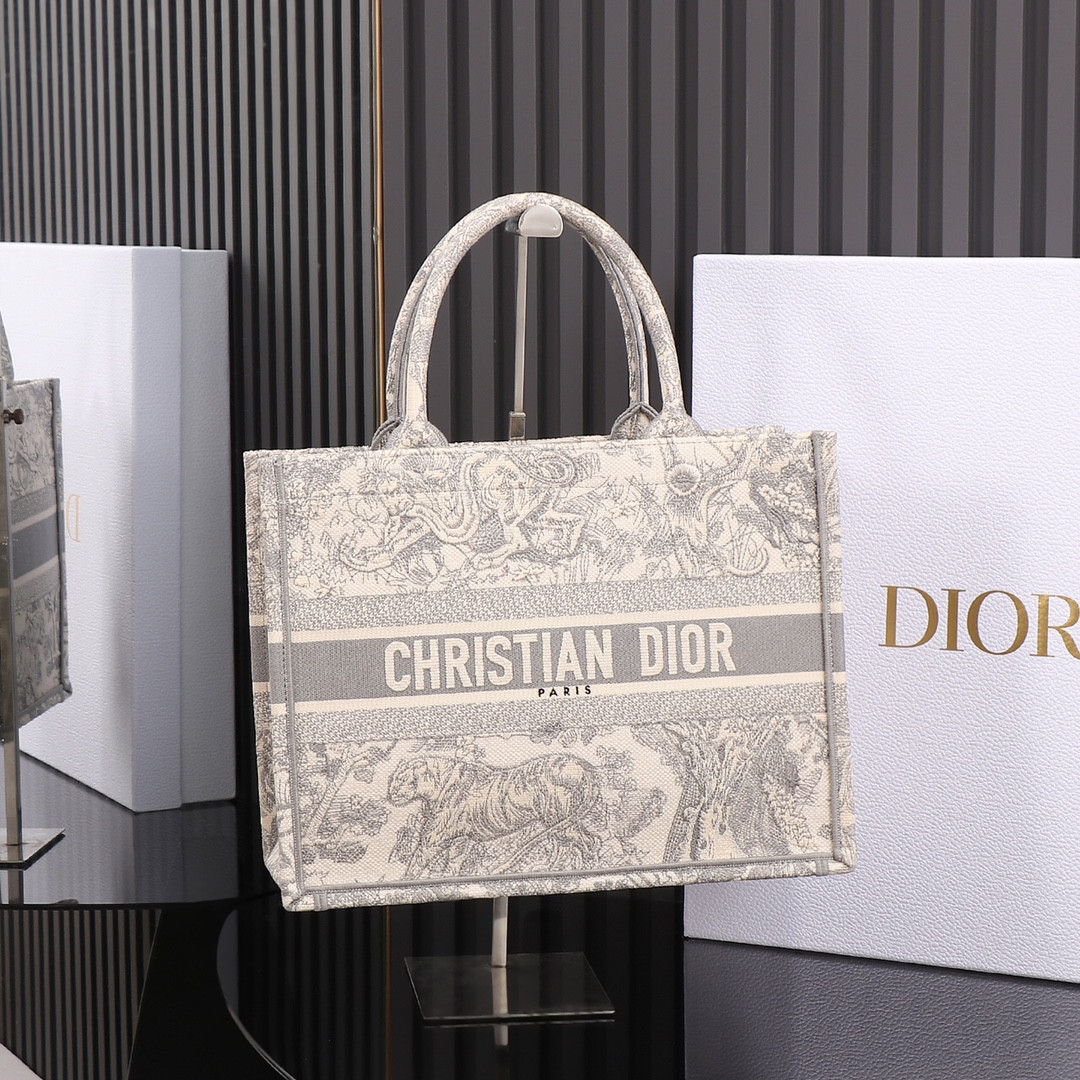 medium D*or book tote ecru and gray toile de jouy embroidery 14 x 11 x 6.5 inches