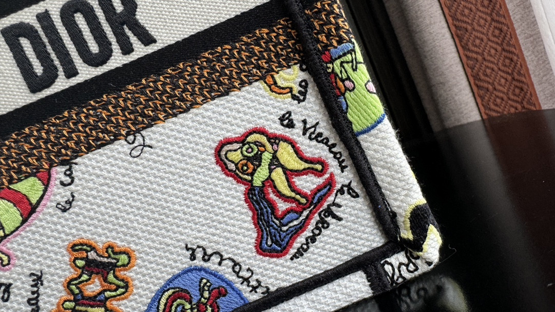 small D*or book tote white multicolor dragon zodiac embroidery 10.5 x 8.5 x 5.5 inches