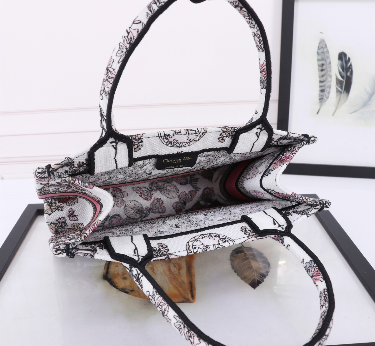 small D*or book tote white and pastel pink butterfly around the world embroidery  10.5 x 8.5 x 5.5 inches