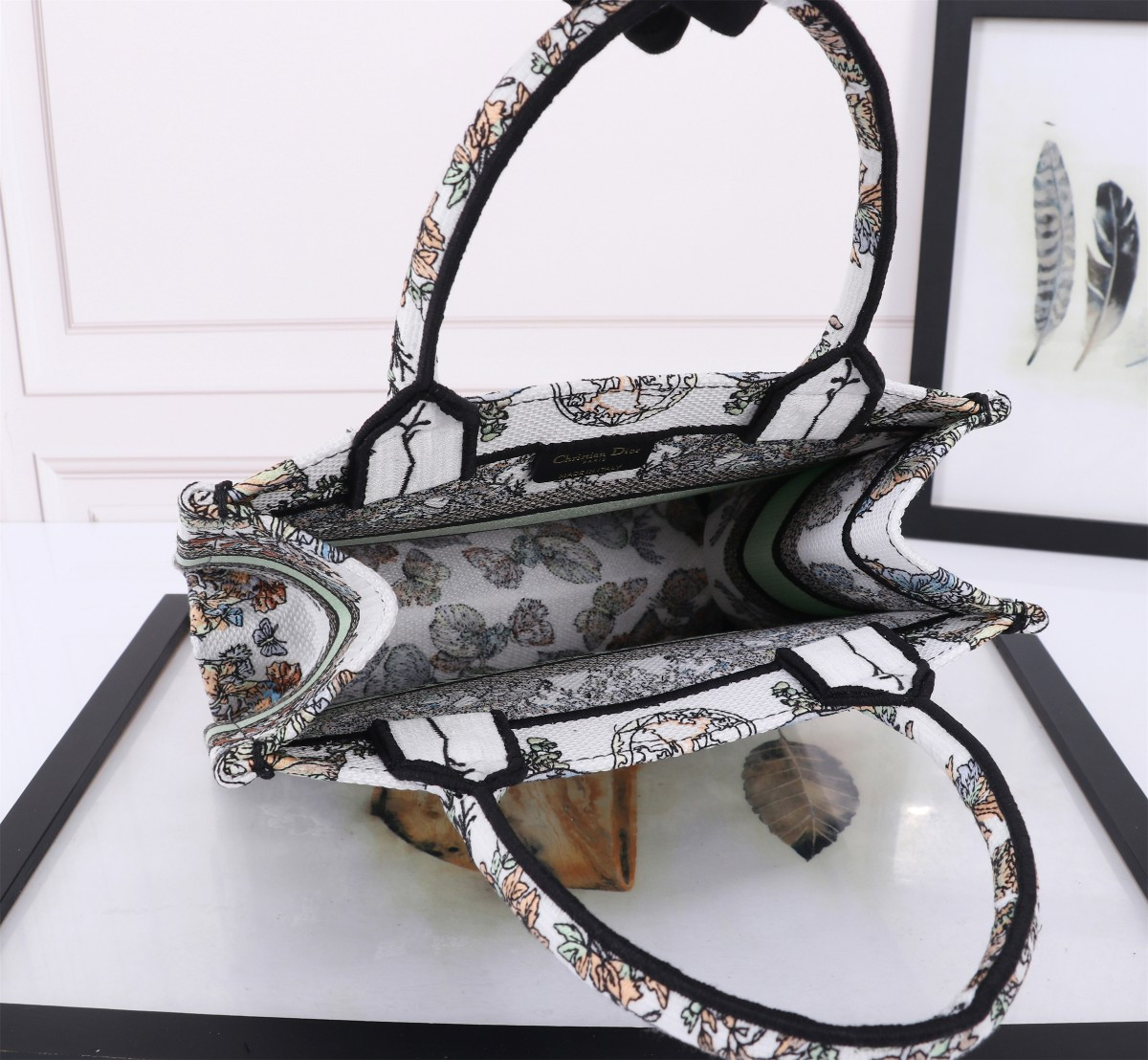 small D*or book tote white multicolor toile de jouy mexico embroidery  10.5 x 8.5 x 5.5 inches