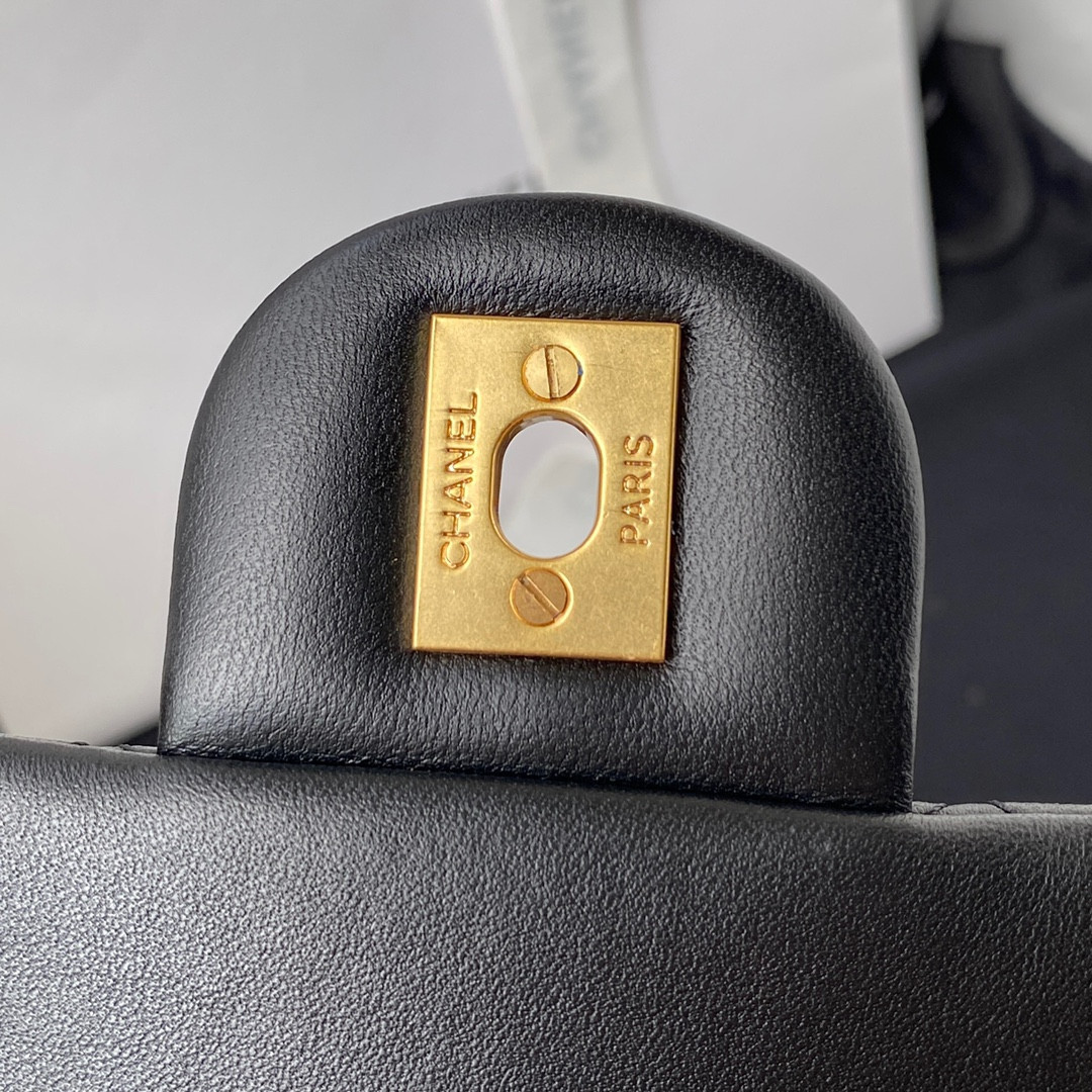 Ch*el mini flap bag shiny calfskin & gold-tone metal black 5.3 × 6.6 × 3.1 in