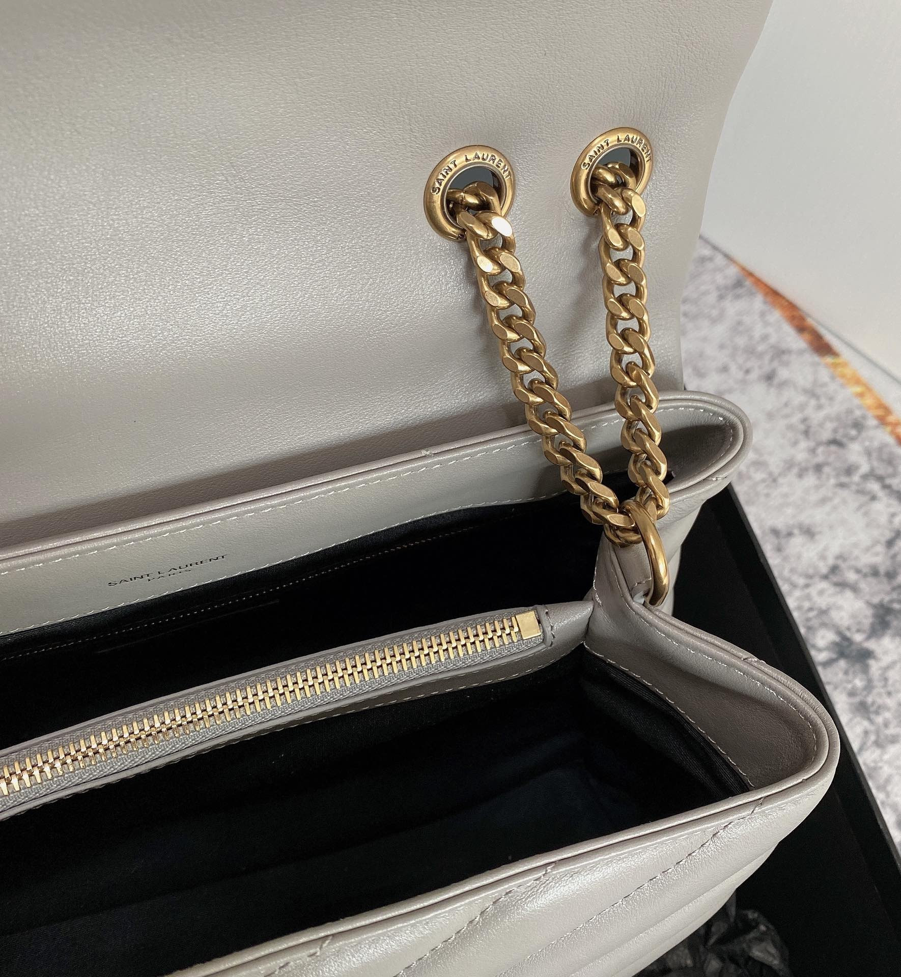 Y*L loulou medium in quilted leather greyish brown 12.5 x 8.6 x 3.5 inches