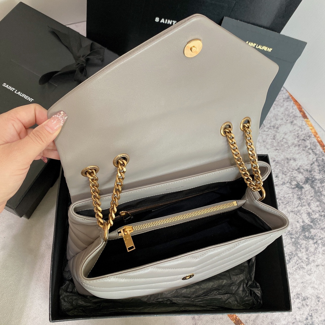 Y*L loulou medium in quilted leather greyish brown 12.5 x 8.6 x 3.5 inches