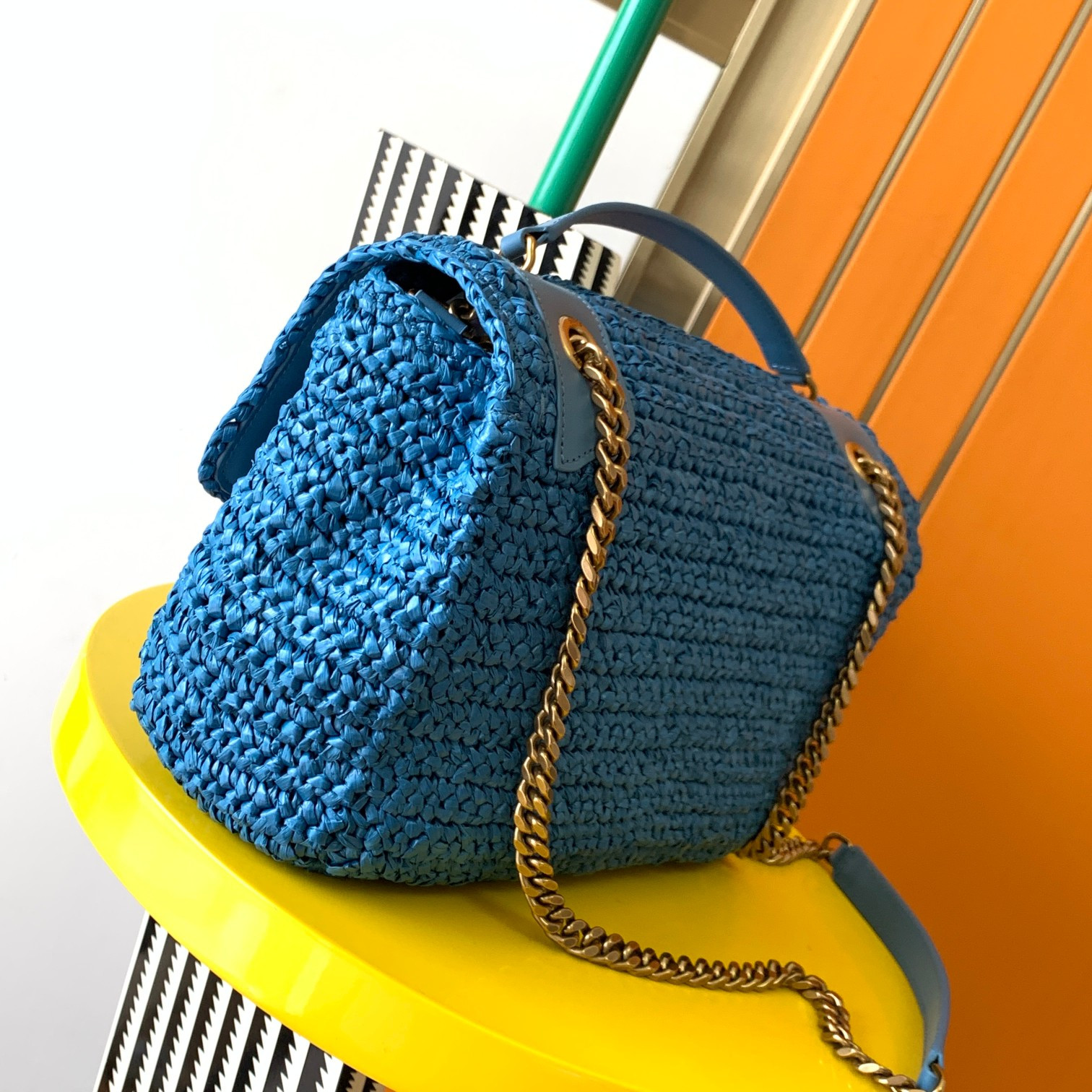 Y*L niki medium chain bag in raffia and leather blue 11 x 7.8 x 3.3 inches