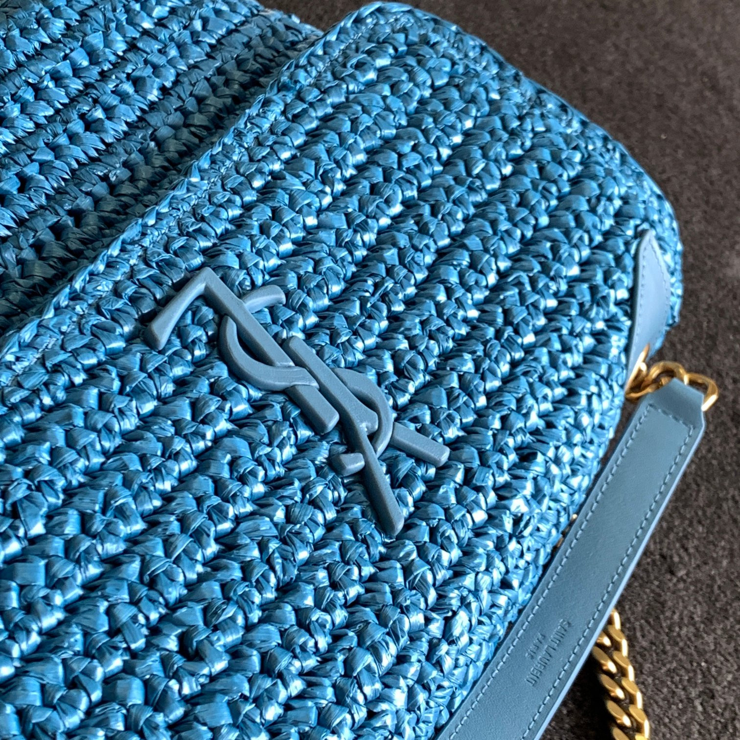Y*L niki medium chain bag in raffia and leather blue 11 x 7.8 x 3.3 inches