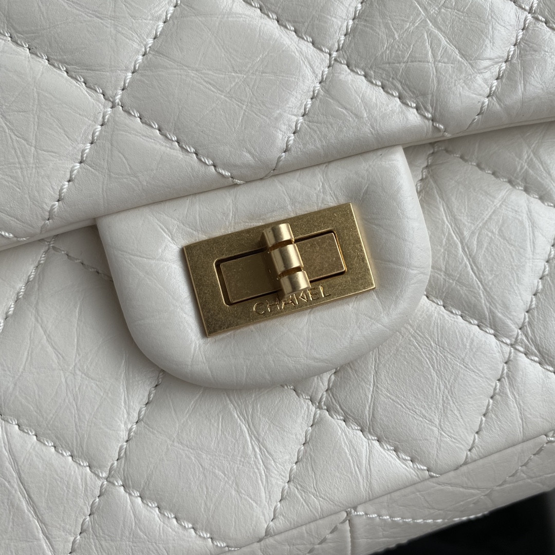 Ch*el LARGE 2.55 HANDBAG White& Gold-Tone Metal 7.6 × 10.9 × 2.9 in