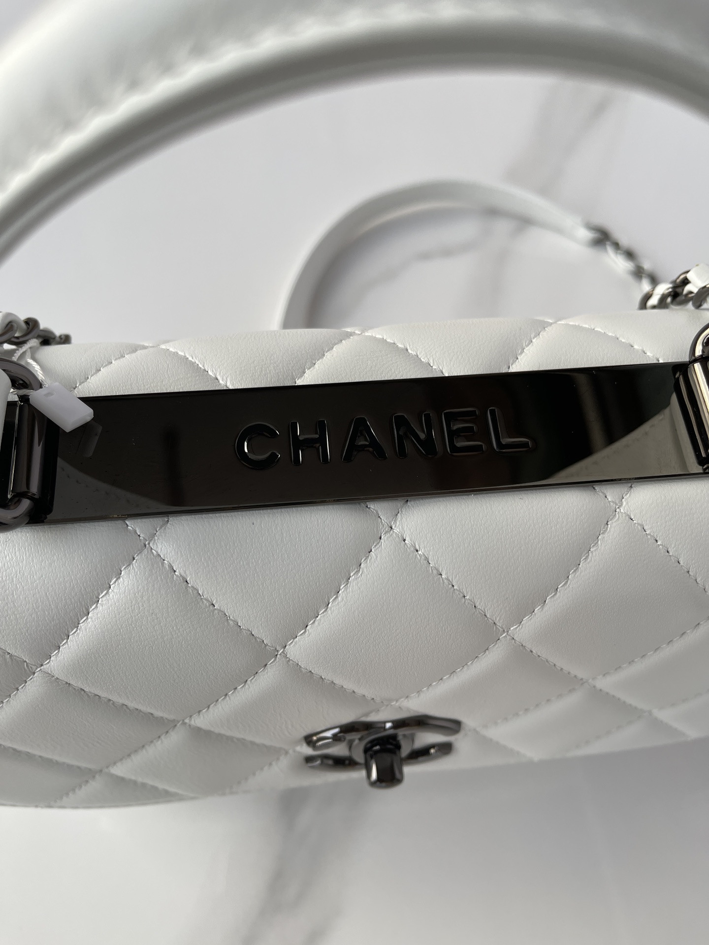 Ch*el flap bag with top handle white 6.6 × 9.8 × 4.7 in
