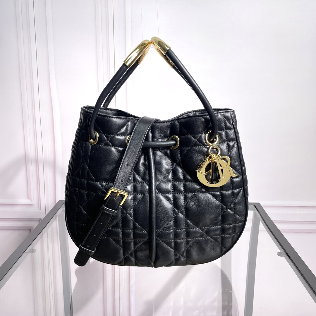 Medium D*0r Nolita Bag Black Macrocannage Lambskin 10.5 x 10 x 2 inches