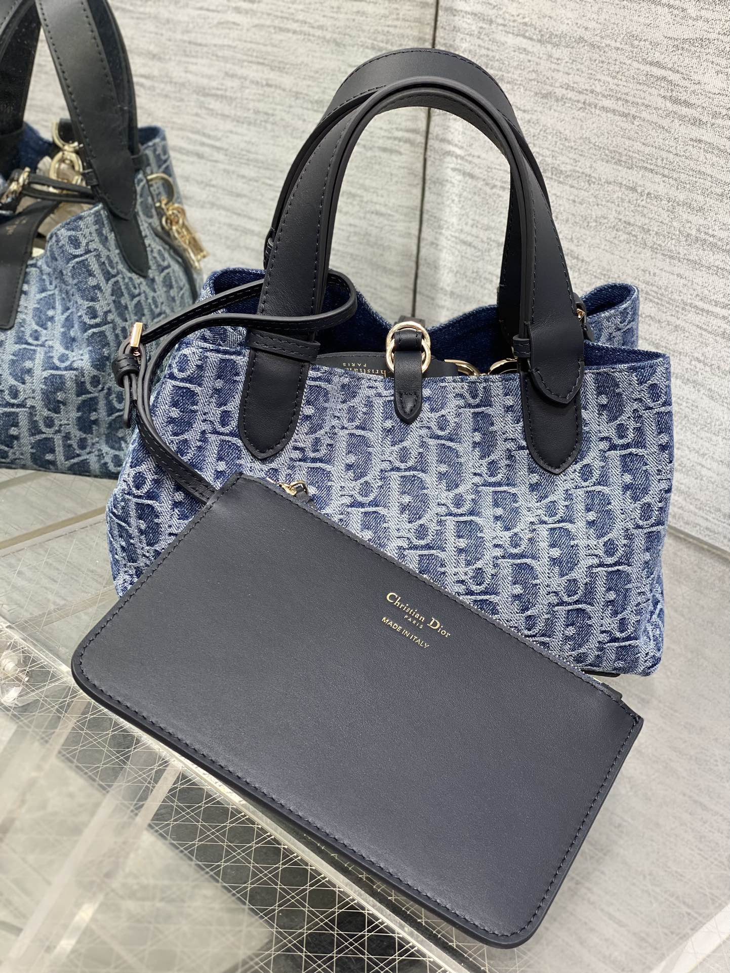 Small D*0r Toujours Bag  Blue Denim D*0r Oblique Jacquard 23 x15 x15cm